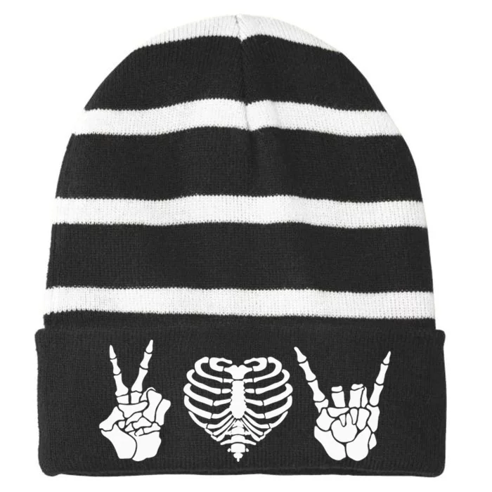 Peace Love Rock & Roll Skeleton Hand Halloween Music Concert Striped Beanie with Solid Band