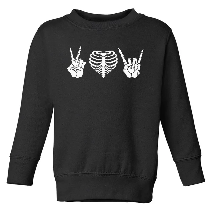 Peace Love Rock & Roll Skeleton Hand Halloween Music Concert Toddler Sweatshirt