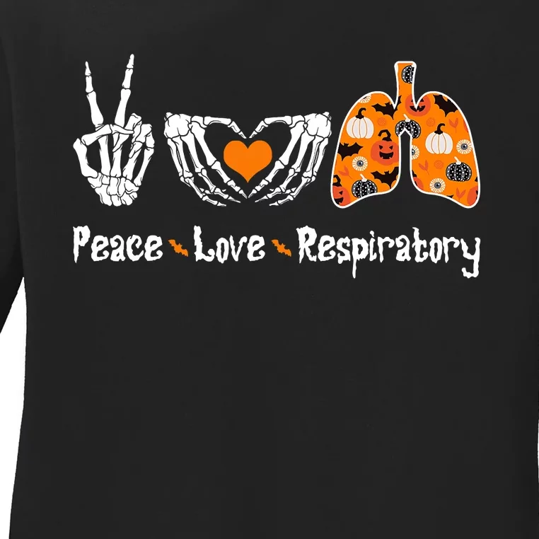 Peace Love Respiratory Therapist Skeleton Halloween Costume Ladies Long Sleeve Shirt