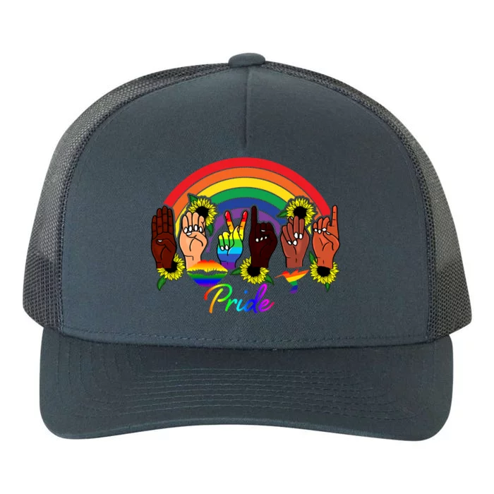 Pride Lgbt Rainbow Lips Kindness Sign Language Hand Flowers Gift Yupoong Adult 5-Panel Trucker Hat