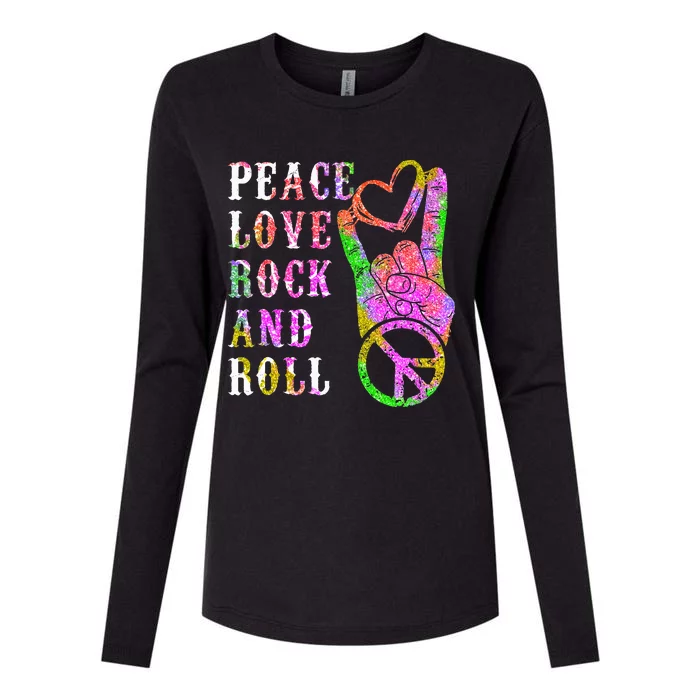 Peace Love Rock and Roll Tie Dye Hippie Vintage Rock Concert Womens Cotton Relaxed Long Sleeve T-Shirt