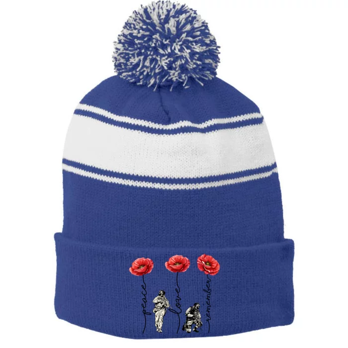 Peace Love Remember Red Poppy Flower Soldier Veteran Day Gift Stripe Pom Pom Beanie