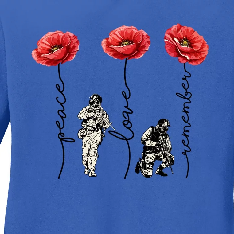 Peace Love Remember Red Poppy Flower Soldier Veteran Day Gift Ladies Long Sleeve Shirt