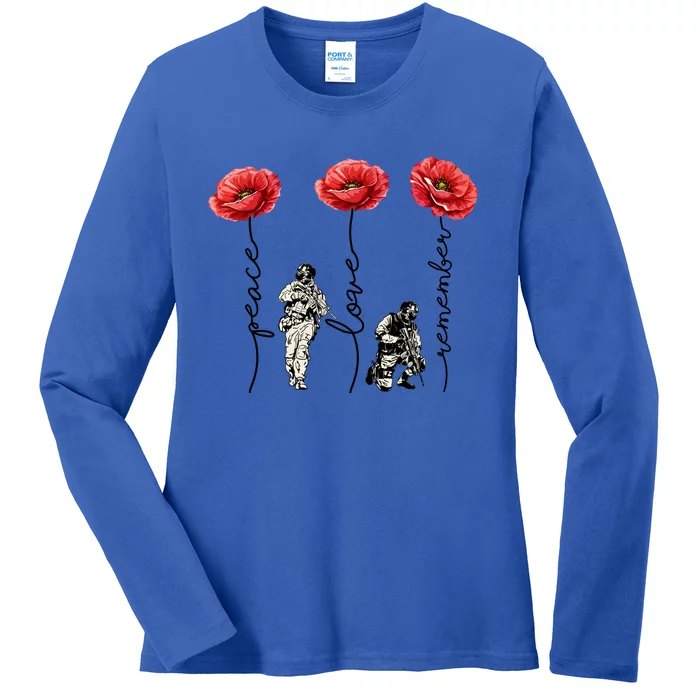 Peace Love Remember Red Poppy Flower Soldier Veteran Day Gift Ladies Long Sleeve Shirt