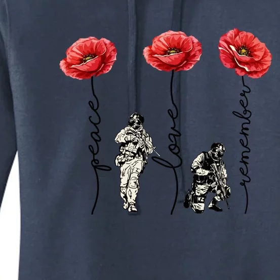 Peace Love Remember Red Poppy Flower Soldier Veteran Day Gift Women's Pullover Hoodie