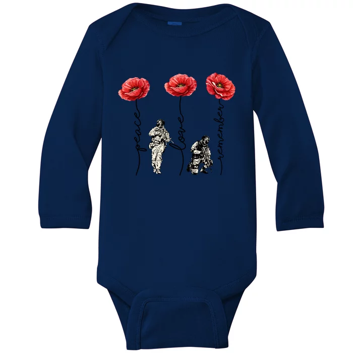 Peace Love Remember Red Poppy Flower Soldier Veteran Day Gift Baby Long Sleeve Bodysuit