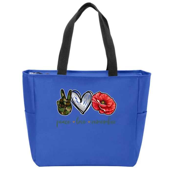 Peace Love Remember Red Poppy Flower Soldier Veteran Day Gift Zip Tote Bag