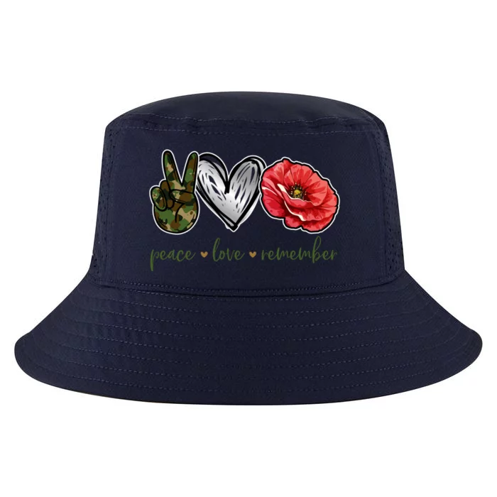 Peace Love Remember Red Poppy Flower Soldier Veteran Day Gift Cool Comfort Performance Bucket Hat