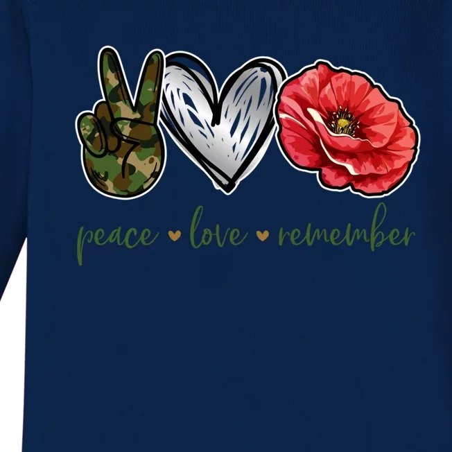 Peace Love Remember Red Poppy Flower Soldier Veteran Day Gift Baby Long Sleeve Bodysuit