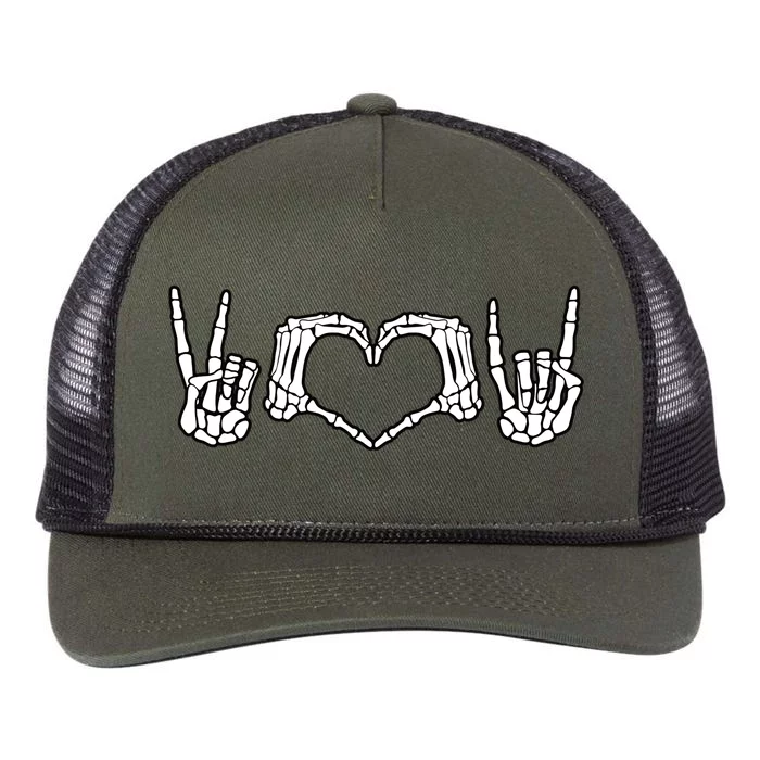 Peace Love Rock And Roll Skeleton Hand Pastel Goth Gift Retro Rope Trucker Hat Cap