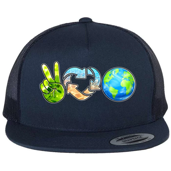 Peace Love Recycle Earth Celebrate Earth Day Everyday Flat Bill Trucker Hat