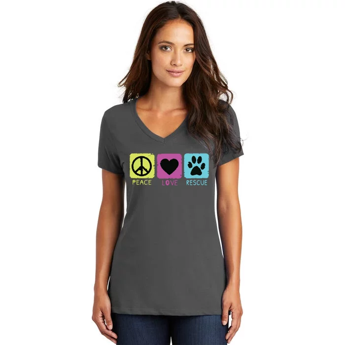 Peace Love Rescue Dogs Retro Distressed Graphic Design Women's V-Neck T-Shirt