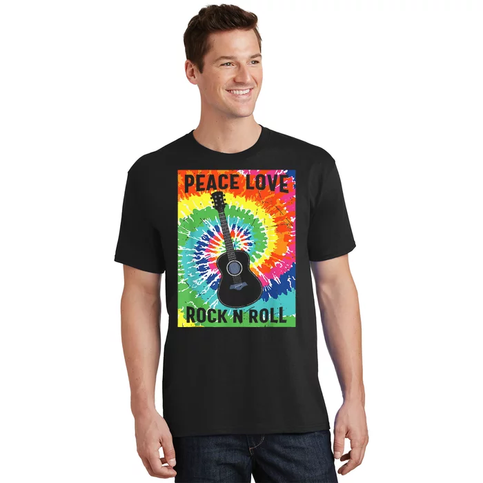 Peace Love Rock N Roll Tie Dye Hippie Guitar Music Retro T-Shirt