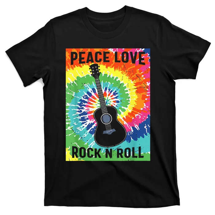 Peace Love Rock N Roll Tie Dye Hippie Guitar Music Retro T-Shirt