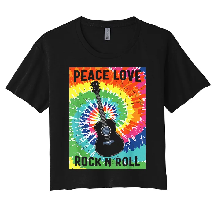 Peace Love Rock N Roll Tie Dye Hippie Guitar Music Retro Women's Crop Top Tee