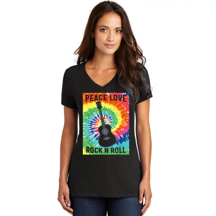 Peace Love Rock N Roll Tie Dye Hippie Guitar Music Retro Women's V-Neck T-Shirt