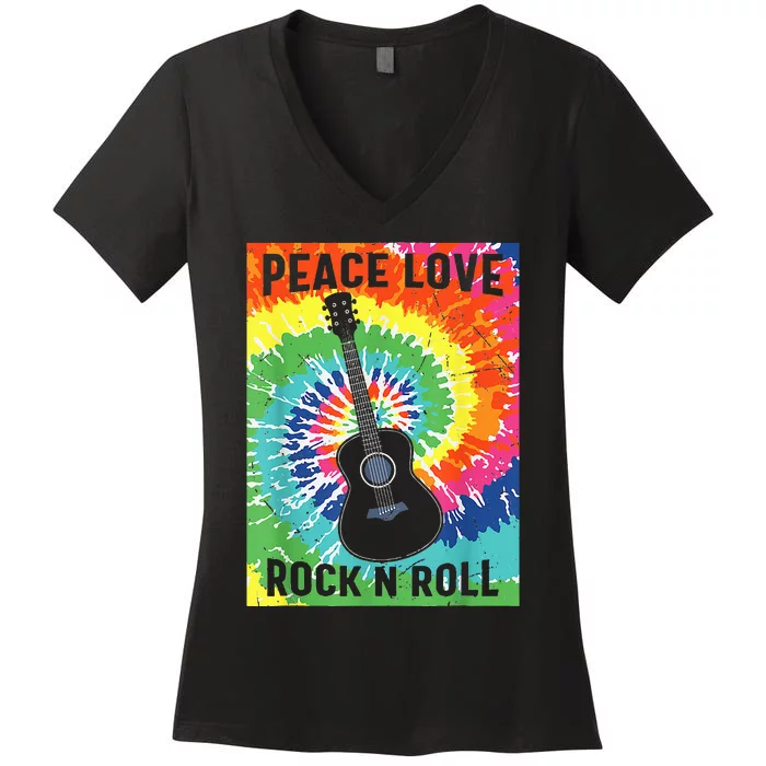 Peace Love Rock N Roll Tie Dye Hippie Guitar Music Retro Women's V-Neck T-Shirt