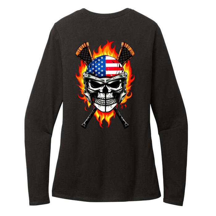 Patriotic Lacrosse Skull Front & Back Womens CVC Long Sleeve Shirt