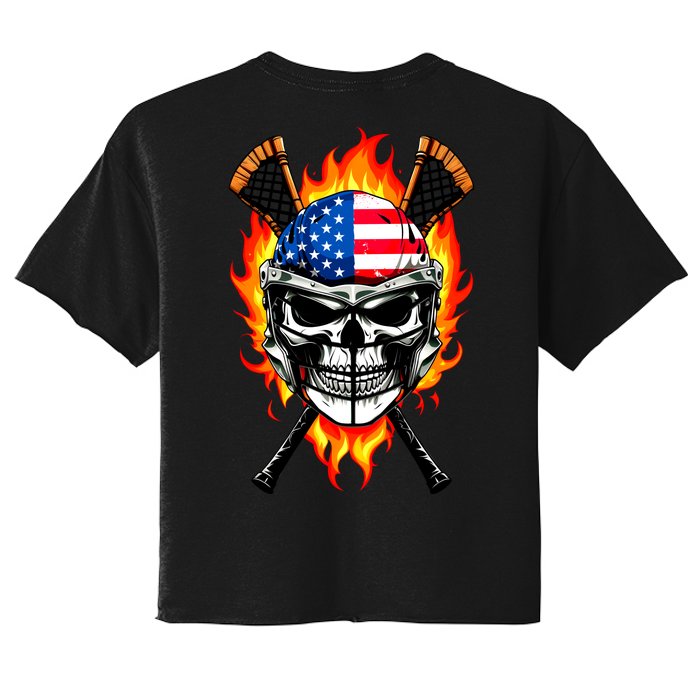 Patriotic Lacrosse Skull Front & Back Women's Crop Top Tee