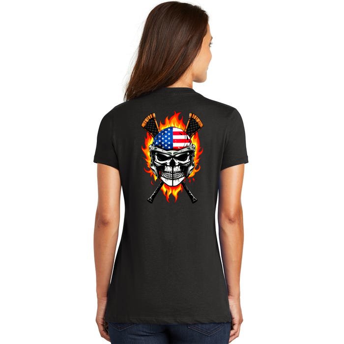 Patriotic Lacrosse Skull Front & Back Women's V-Neck T-Shirt