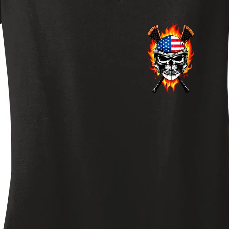 Patriotic Lacrosse Skull Front & Back Women's V-Neck T-Shirt