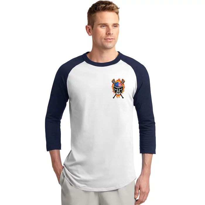 Patriotic Lacrosse Skull Front & Back Baseball Sleeve Shirt