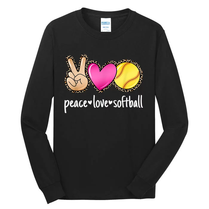 Peace Love Softball Leopard Print Women Softball Tall Long Sleeve T-Shirt