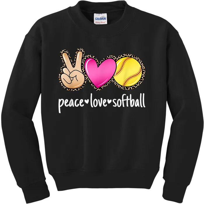 Peace Love Softball Leopard Print Women Softball Kids Sweatshirt