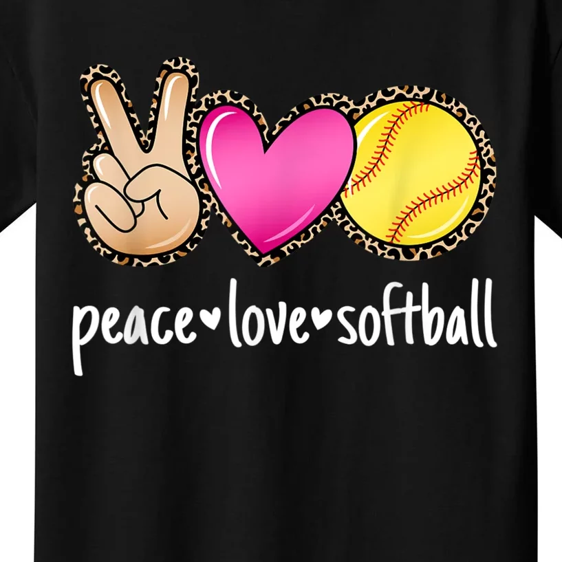 Peace Love Softball Leopard Print Women Softball Kids T-Shirt