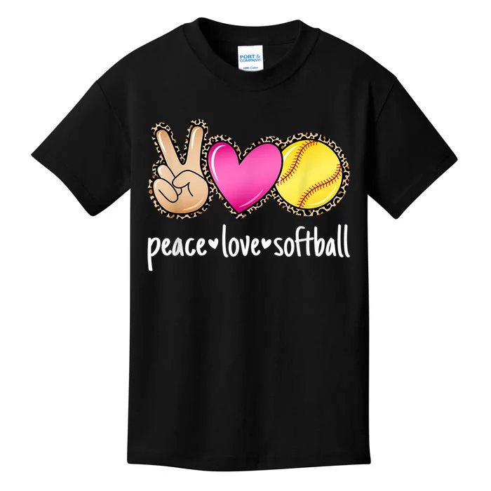 Peace Love Softball Leopard Print Women Softball Kids T-Shirt