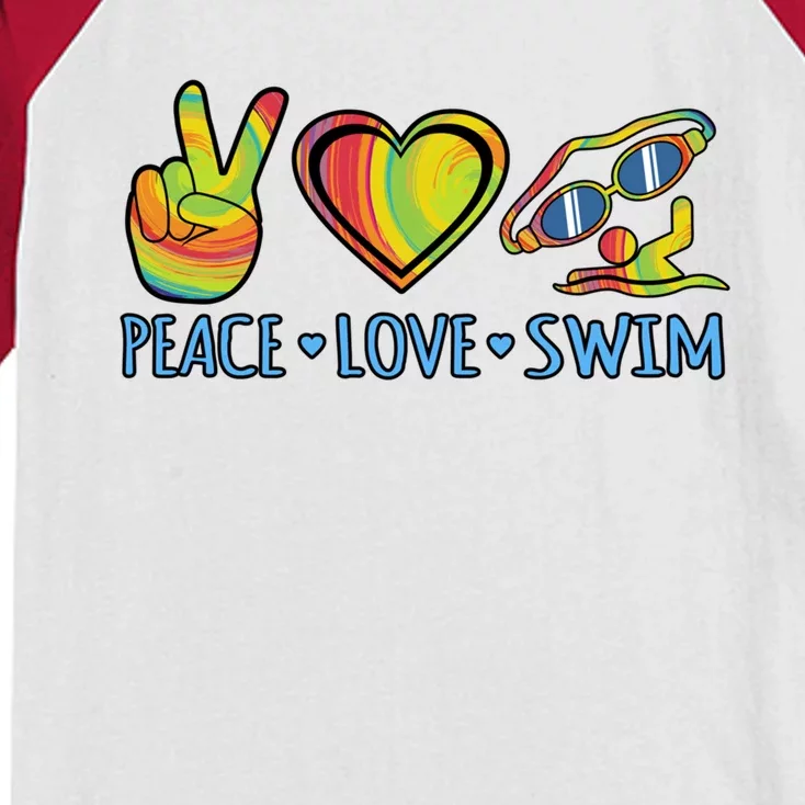 Peace Love Swim Fun Swimmer Swimming Coach Graphic Funny Gift Kids Colorblock Raglan Jersey