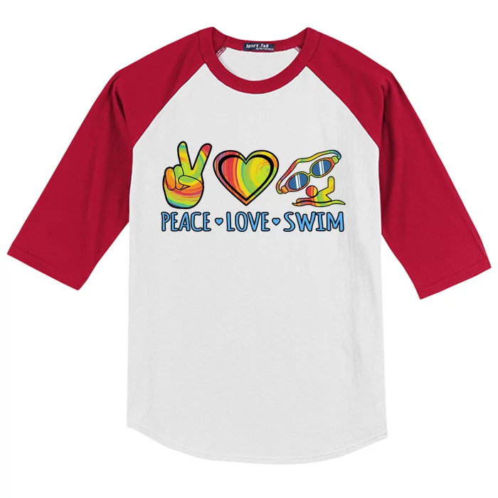 Peace Love Swim Fun Swimmer Swimming Coach Graphic Funny Gift Kids Colorblock Raglan Jersey