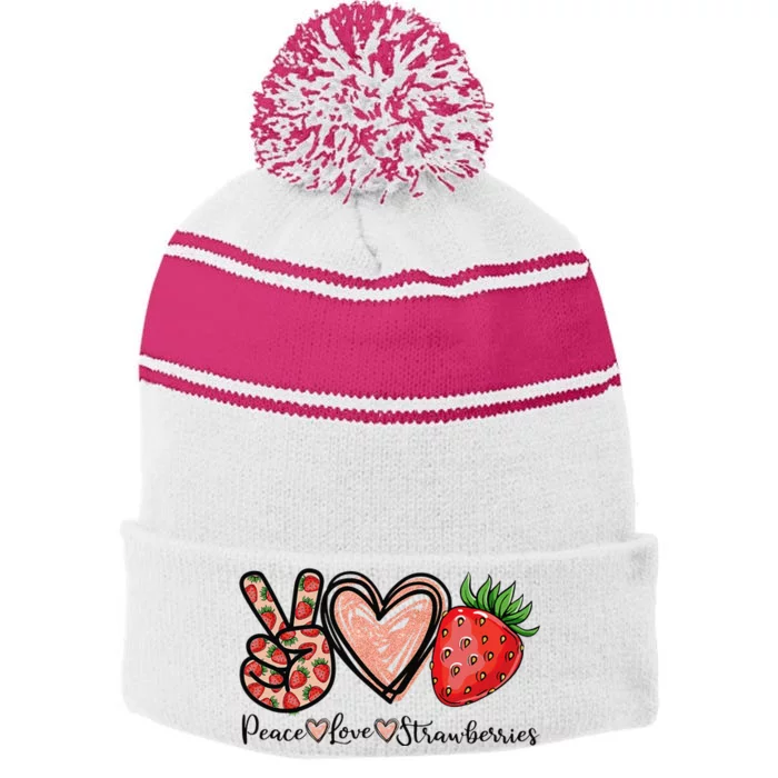 Peace Love Strawberry Farmer Strawberries Lover Berry Fruits Stripe Pom Pom Beanie