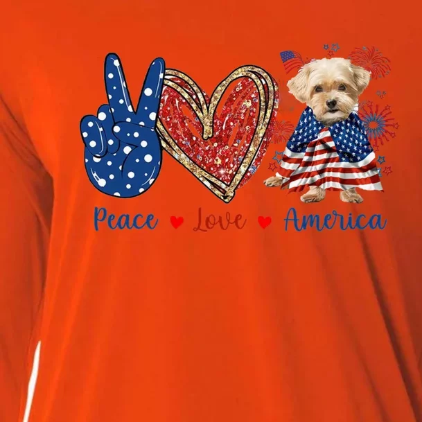 Peace Love Shorkie Dog Patriotic America Flag 4th July Meaningful Gift Cooling Performance Long Sleeve Crew