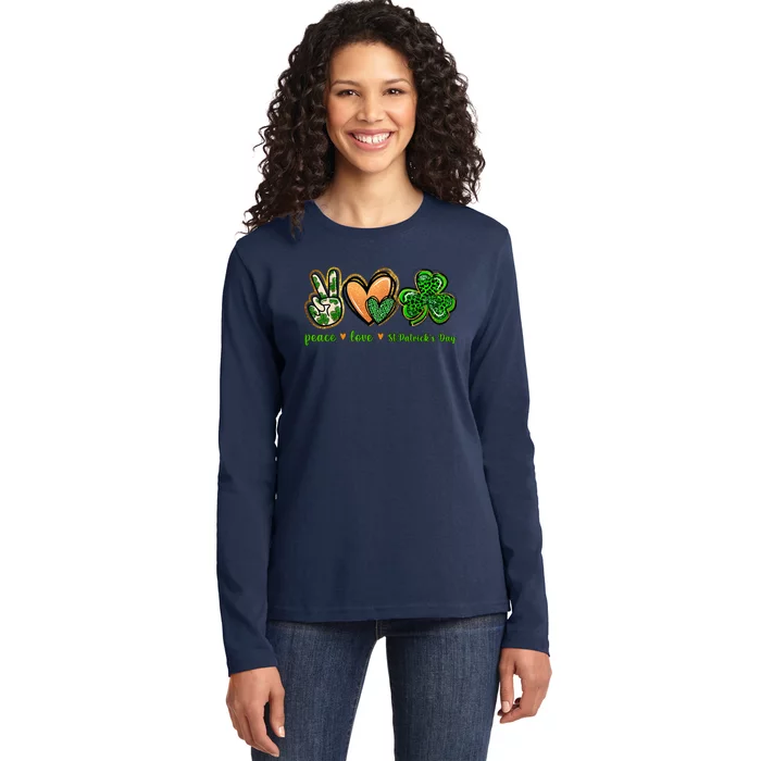 Peace Love St Patrick's Day Leopard Lucky Shamrock Ladies Long Sleeve Shirt