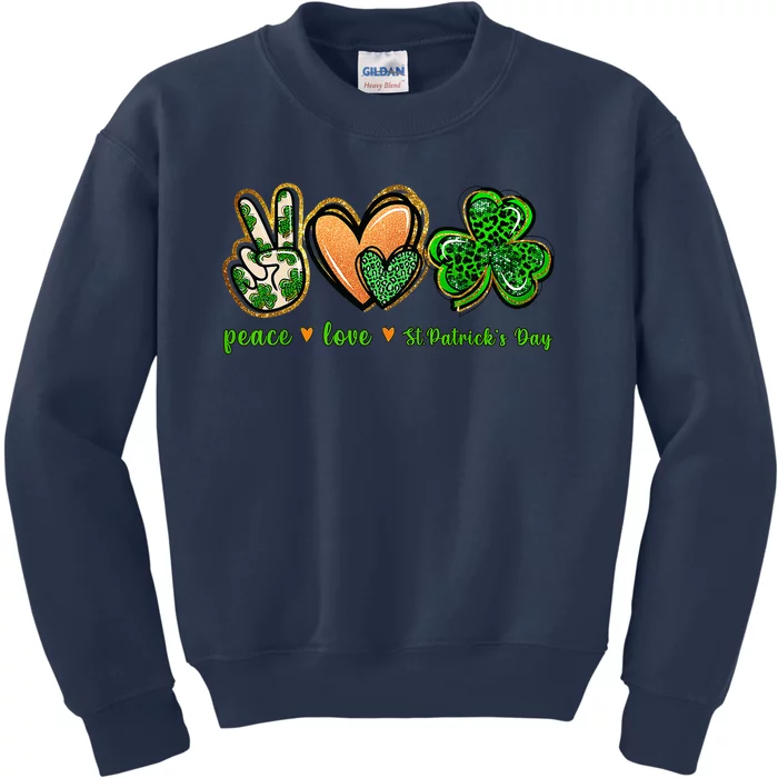 Peace Love St Patrick's Day Leopard Lucky Shamrock Kids Sweatshirt