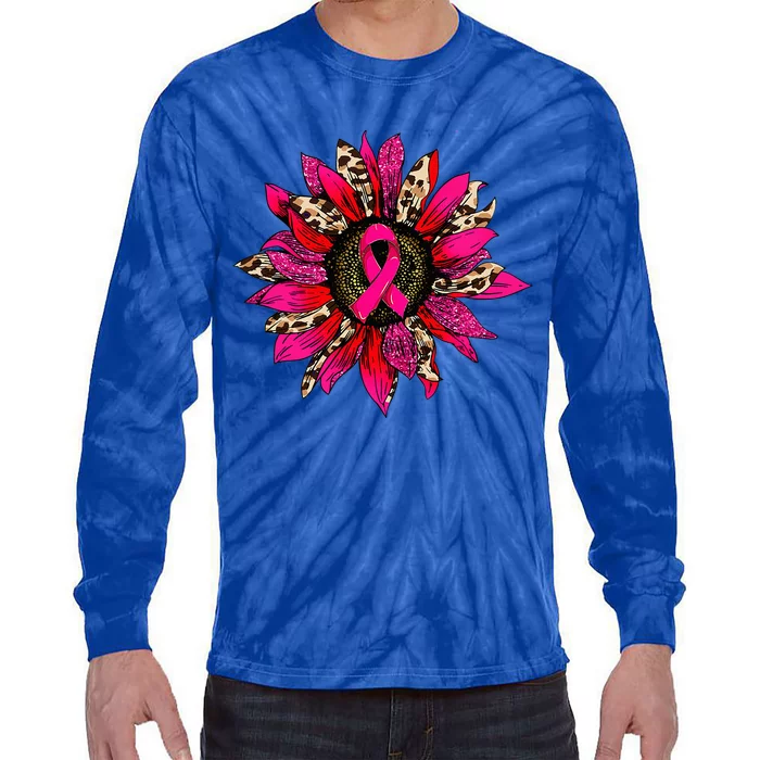 Pink Leopard Sunflower Breast Cancer Awareness Ribbon Tie-Dye Long Sleeve Shirt