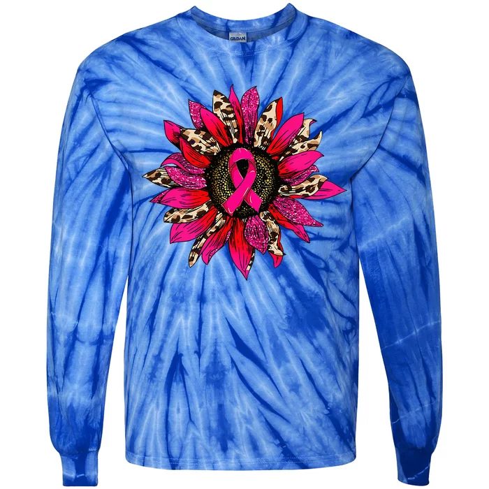 Pink Leopard Sunflower Breast Cancer Awareness Ribbon Tie-Dye Long Sleeve Shirt