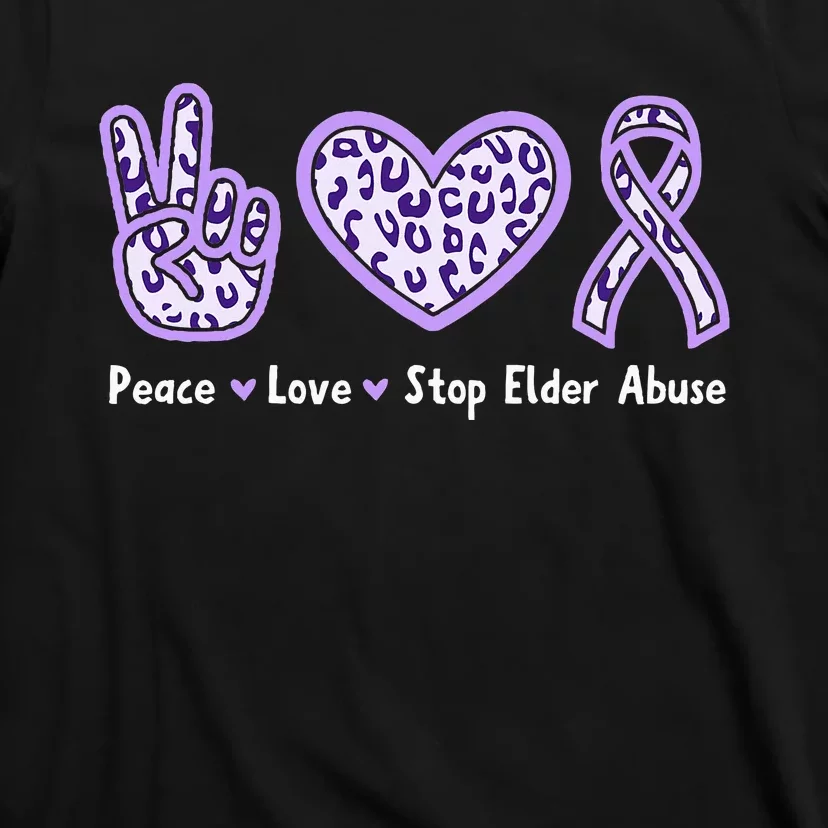 Peace Love Stop Elder Abuse Purple Leopard Ribbon T-Shirt