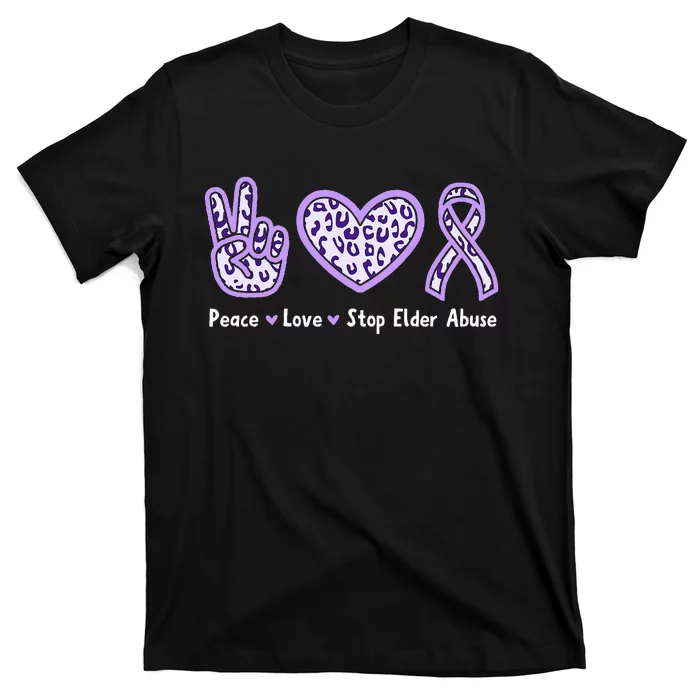 Peace Love Stop Elder Abuse Purple Leopard Ribbon T-Shirt