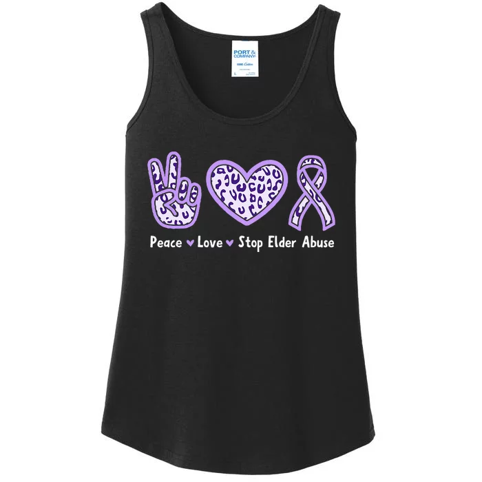 Peace Love Stop Elder Abuse Purple Leopard Ribbon Ladies Essential Tank