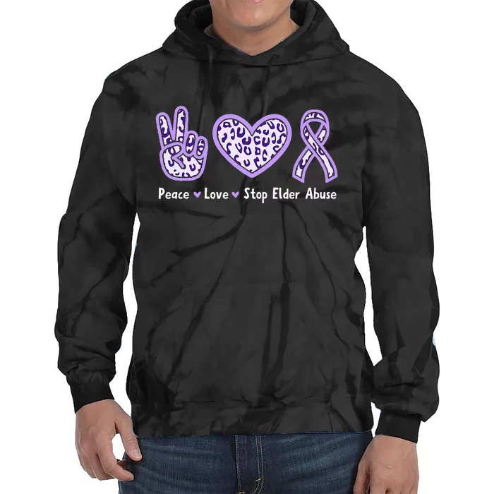 Peace Love Stop Elder Abuse Purple Leopard Ribbon Tie Dye Hoodie