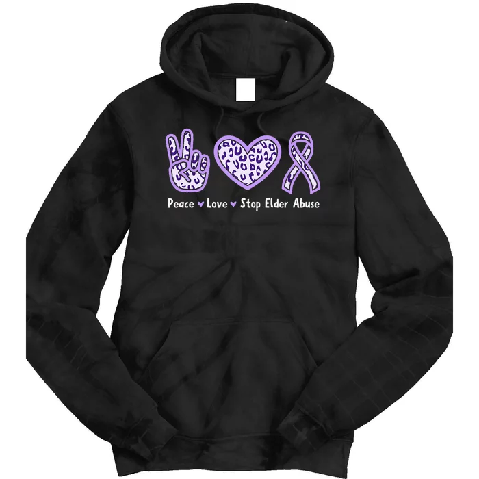 Peace Love Stop Elder Abuse Purple Leopard Ribbon Tie Dye Hoodie