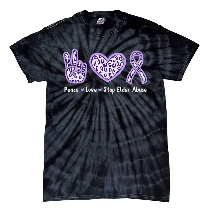 Peace Love Stop Elder Abuse Purple Leopard Ribbon Tie-Dye T-Shirt