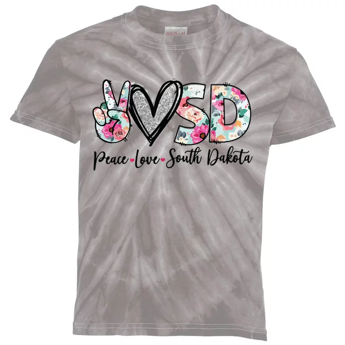 Peace Love South Dakota Vinatge Floral South Dakota Lovers Kids Tie-Dye T-Shirt