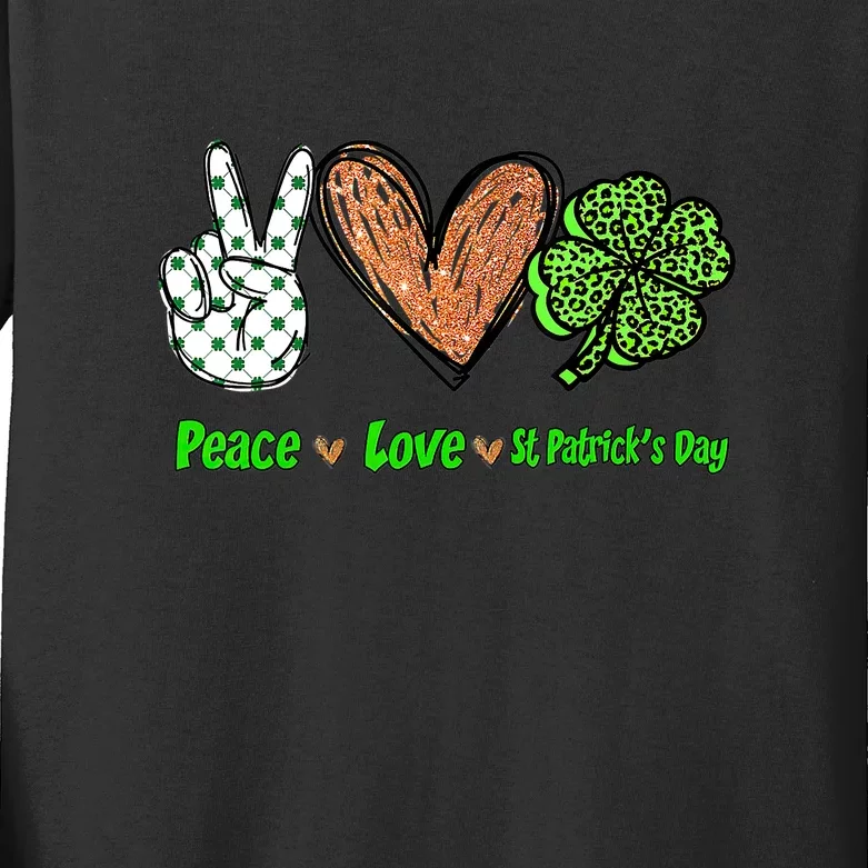 Peace Love St Patrick's Day Clover Leopard Shamrock Kids Long Sleeve Shirt