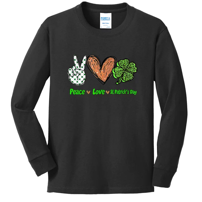 Peace Love St Patrick's Day Clover Leopard Shamrock Kids Long Sleeve Shirt