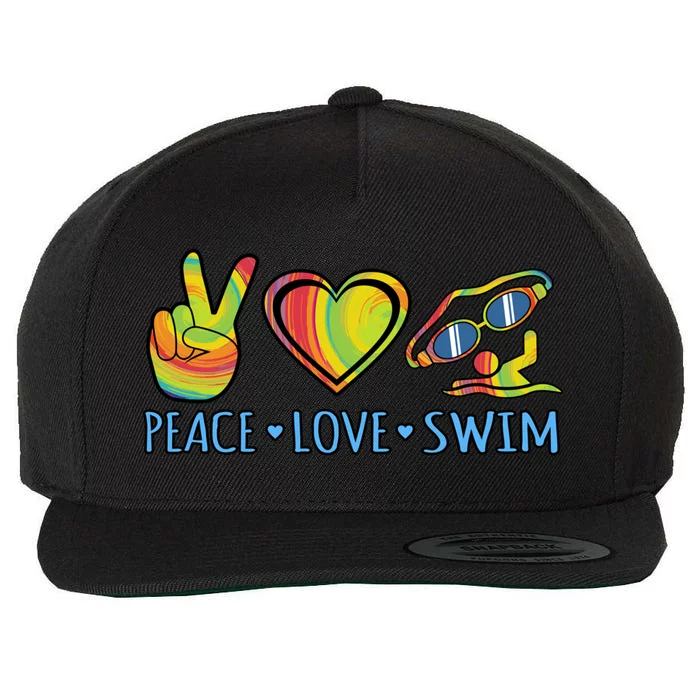 Peace Love Swim Fun Swimmer Swimming Coach Graphic Gift Wool Snapback Cap