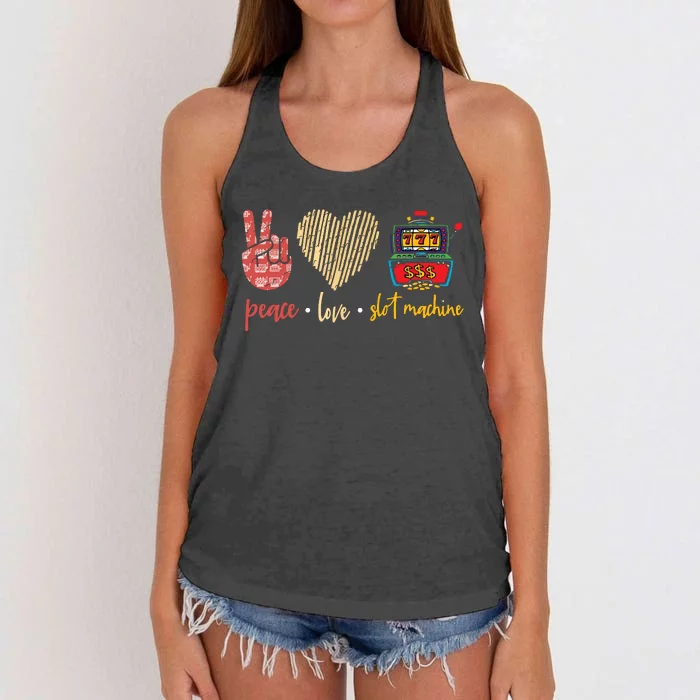 Peace Love Slot Machine Lucky Las Vegas Casino Game Women's Knotted Racerback Tank