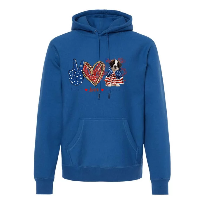 Peace Love Saint Bernard Dog Patriotic America Flag 4th July Gift Premium Hoodie